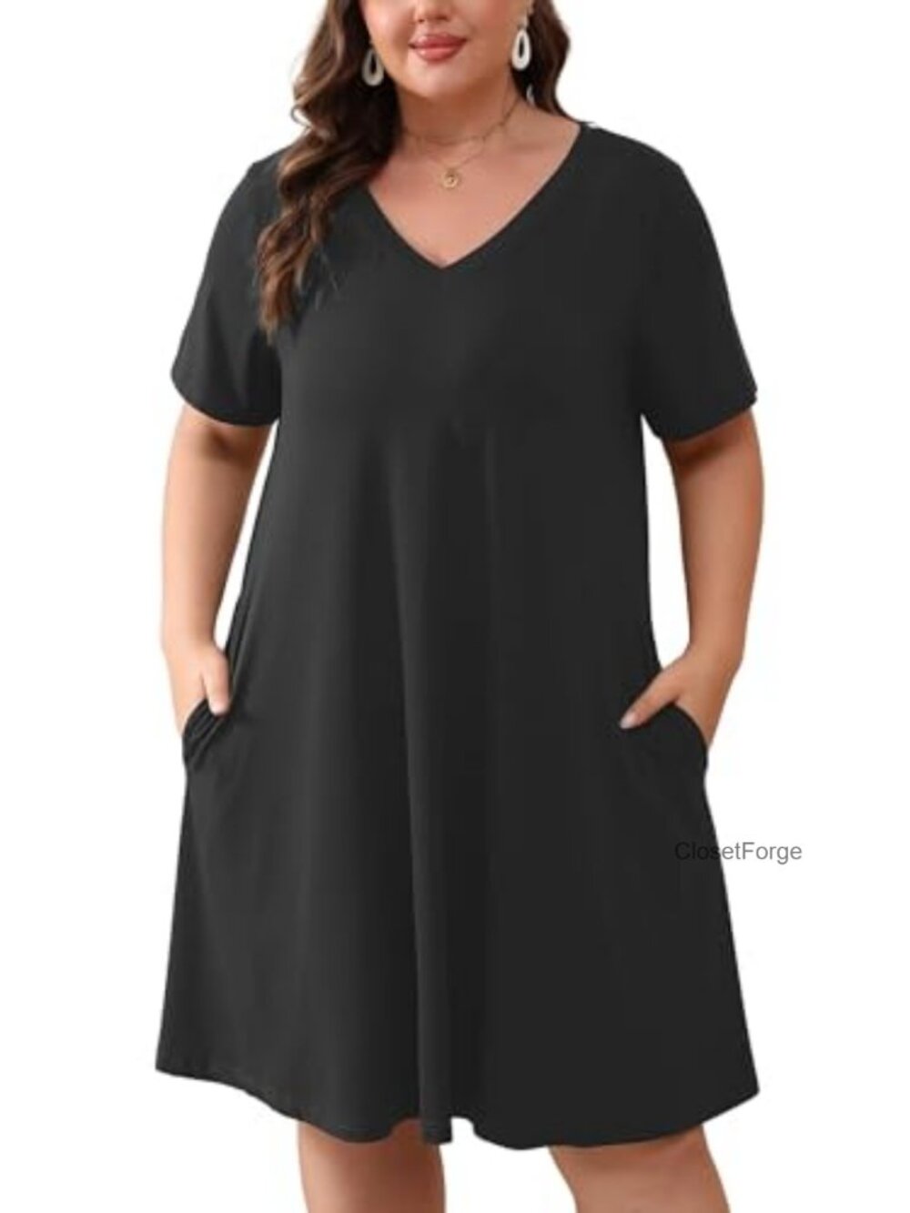 Plus Size Midi Dress V Neck Short Sleeve A Line Casual Sundress with Pockets